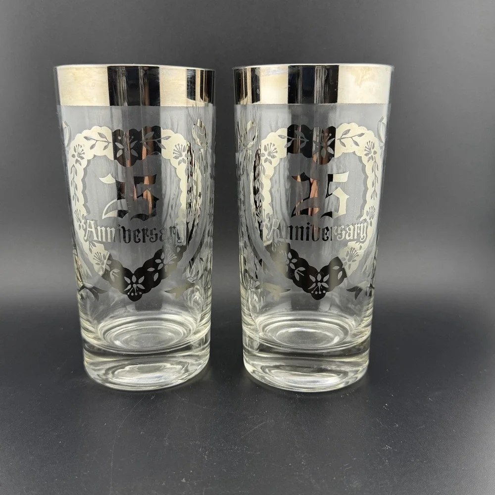 Vintage 25th Wedding Anniversary Drinking Glasses Set Of 6 Silver Trim Retro
